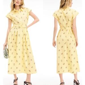 Adam Lippes Shirt Dress Floral Cotton Poplin Short Sleeve Belted Midi Yellow 0